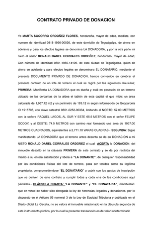 Contrato Privado DE Donacionde UN LOTE - CONTRATO PRIVADO DE DONACION Yo  MARTA SOCORRO ORDOÑEZ - Studocu