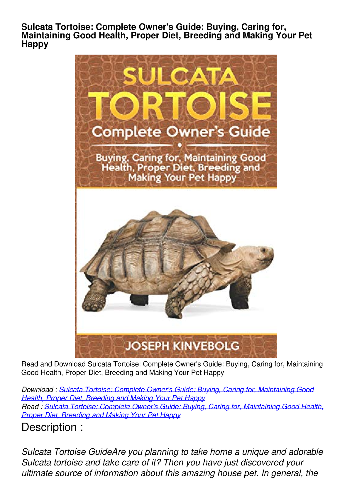 PDF_ Sulcata Tortoise: Complete Owner's Guide: Buying, Caring For ...