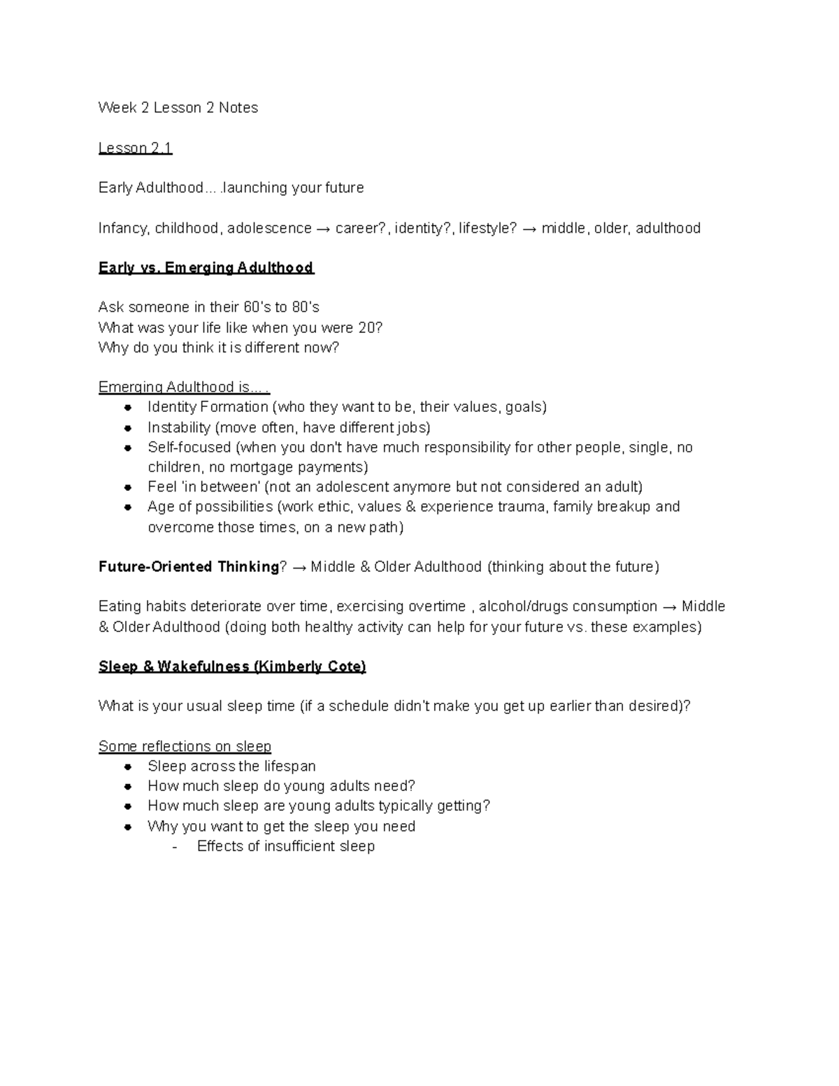 Week 2 Lesson 2 Notes - Week 2 Lesson 2 Notes Lesson 2. Early Adulthood ...