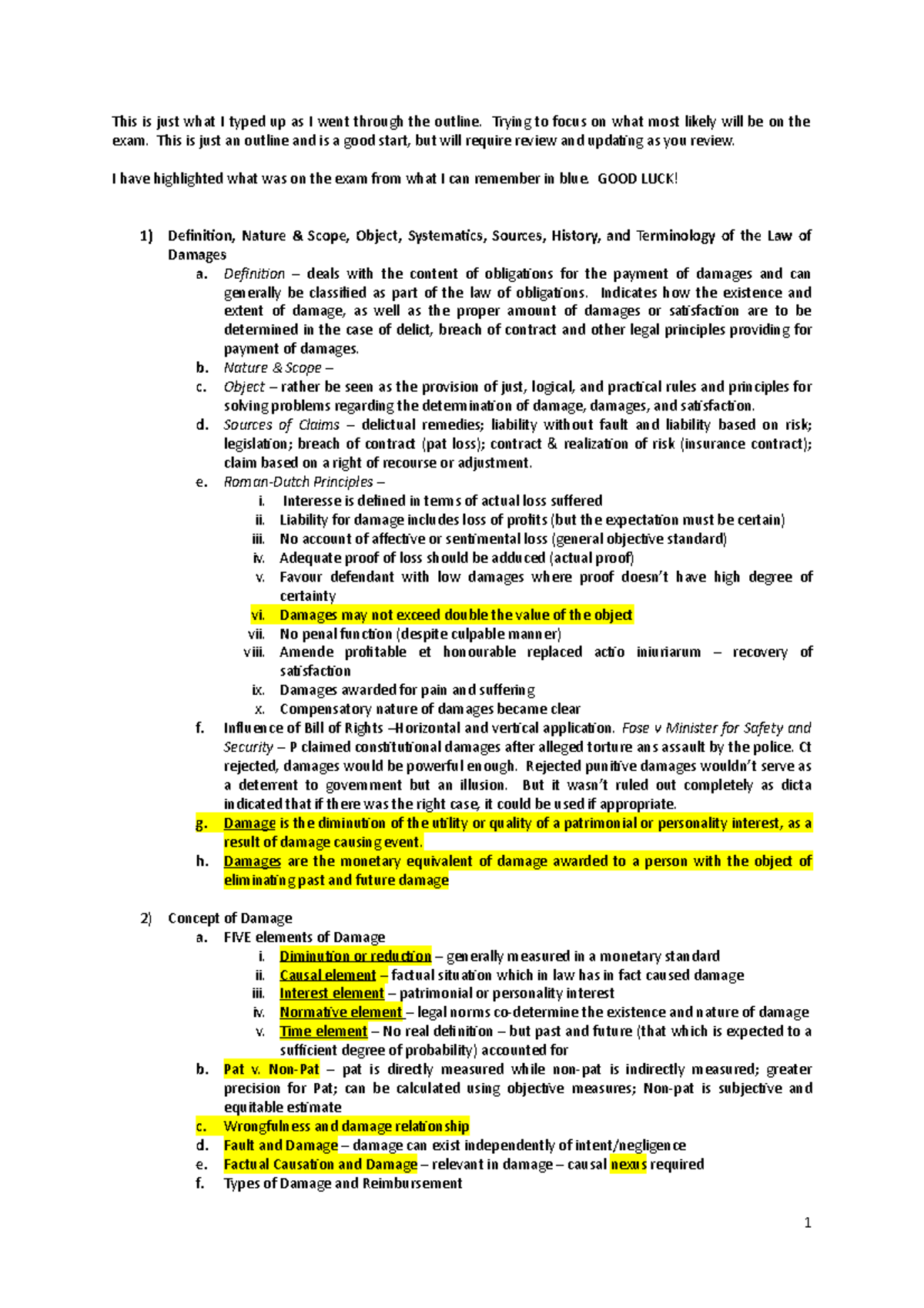 Damages - damages outline Notes - This is just what I typed up as I ...