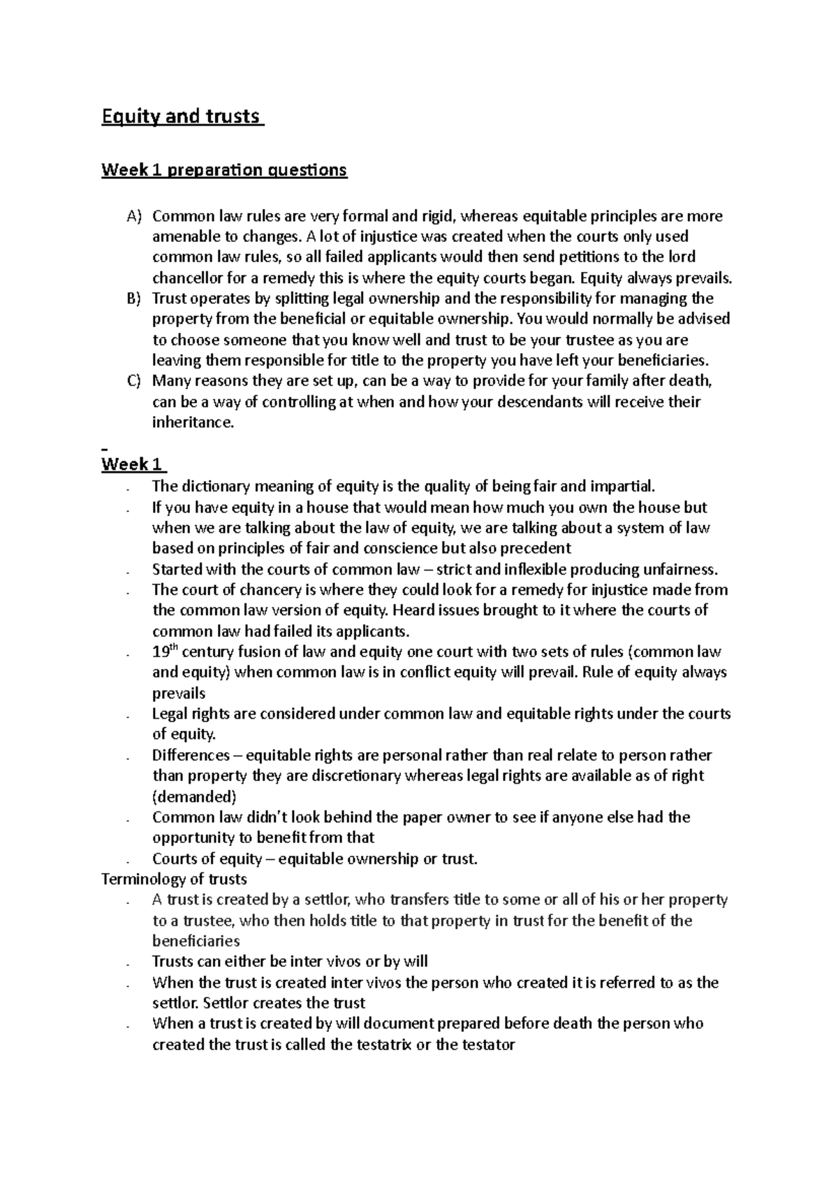Equity and trusts weekly notes - Equity and trusts Week 1 preparation ...