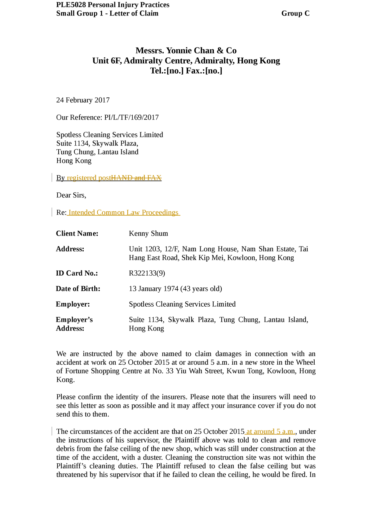 Letter of Claim - Yonnie Chan & Co Unit 6F, Admiralty Centre, Admiralty ...