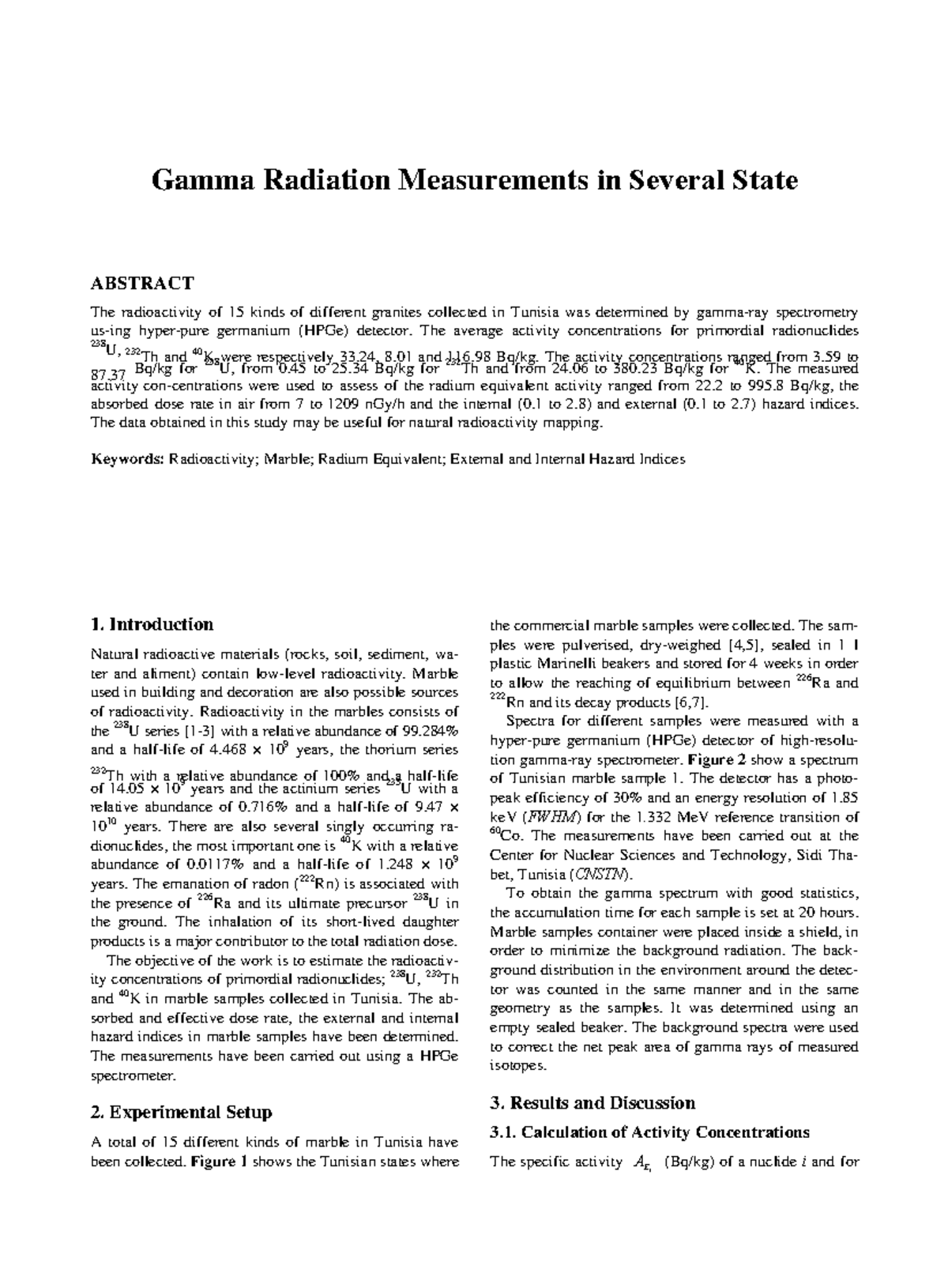 Gamma Radiation Measurements in Several State - Gamma Radiation ...