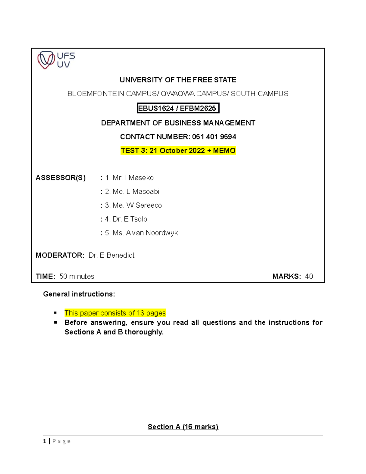 EBUS1624 EFBM2625 Test 3 2022 TEST+MEMO Final - General Instructions ...