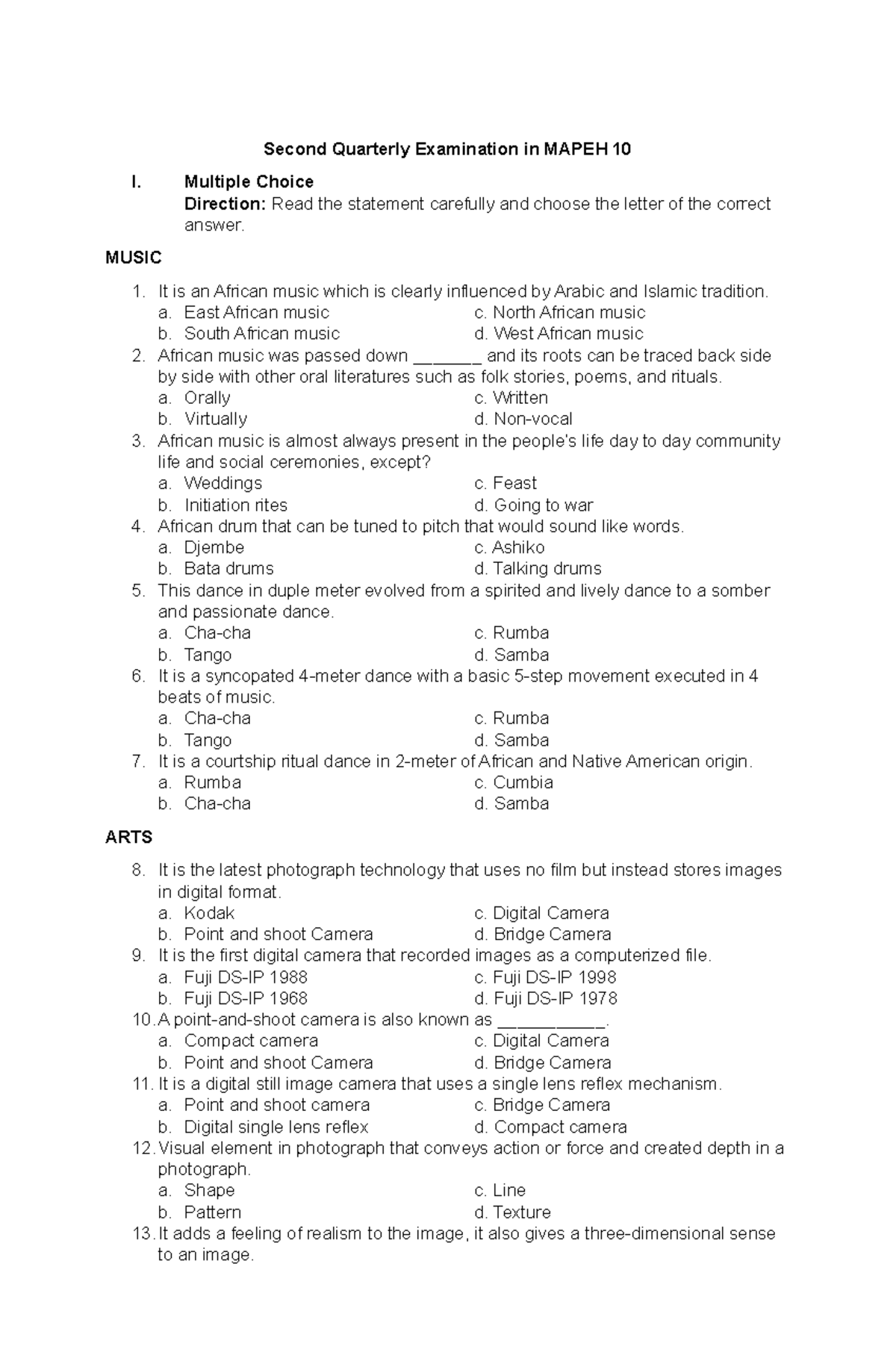 Second Quarterly Examination IN Mapeh 10 - Second Quarterly Examination ...