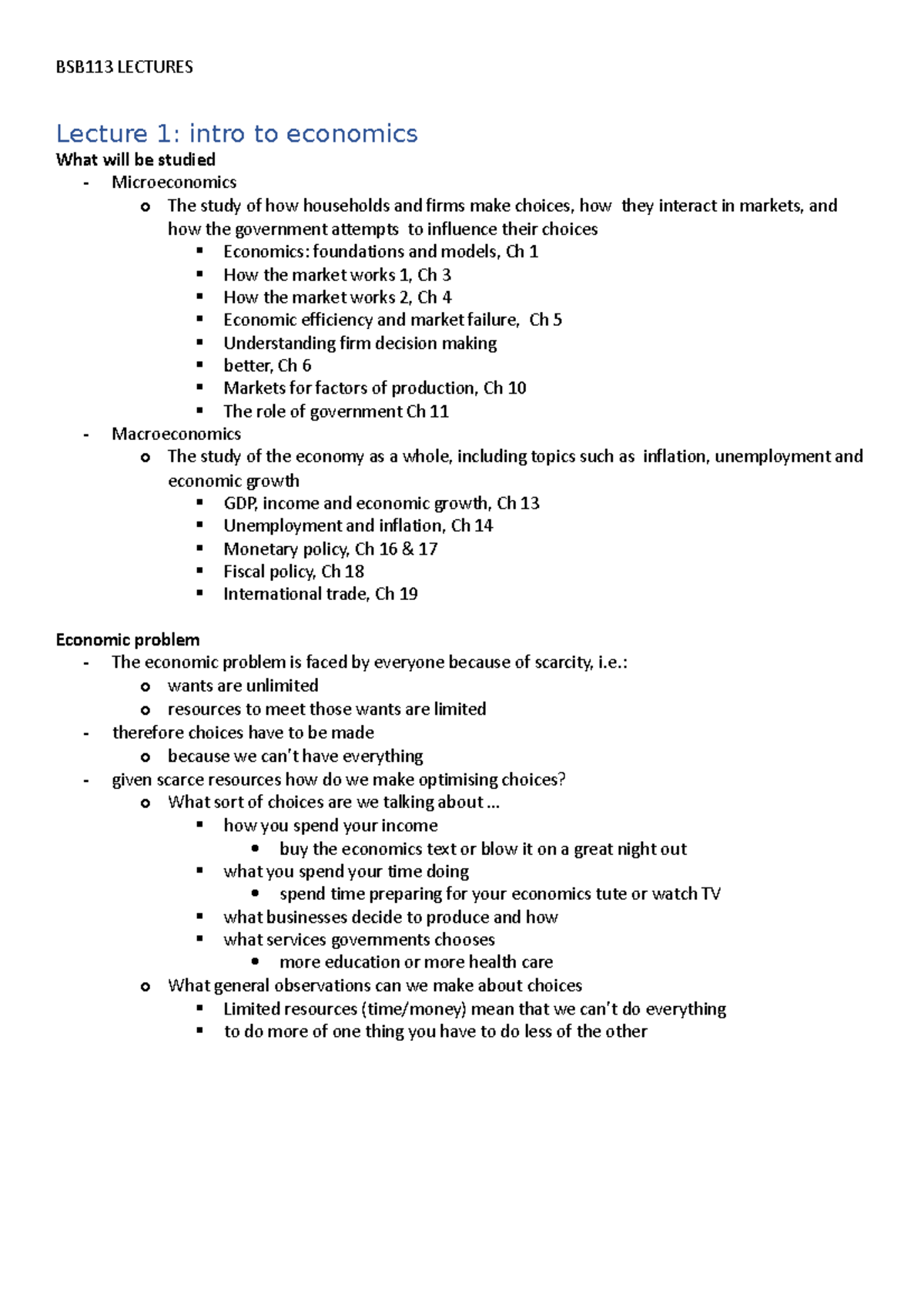 BSB113 Lectures - Lecture Notes - Lecture 1: Intro To Economics What ...