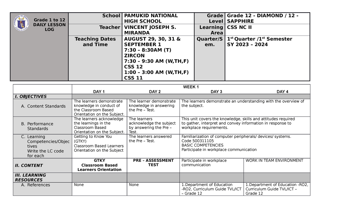 CSS 1ST Week-a-August-22-26-2022 - Grade 1 to 12 DAILY LESSON LOG ...
