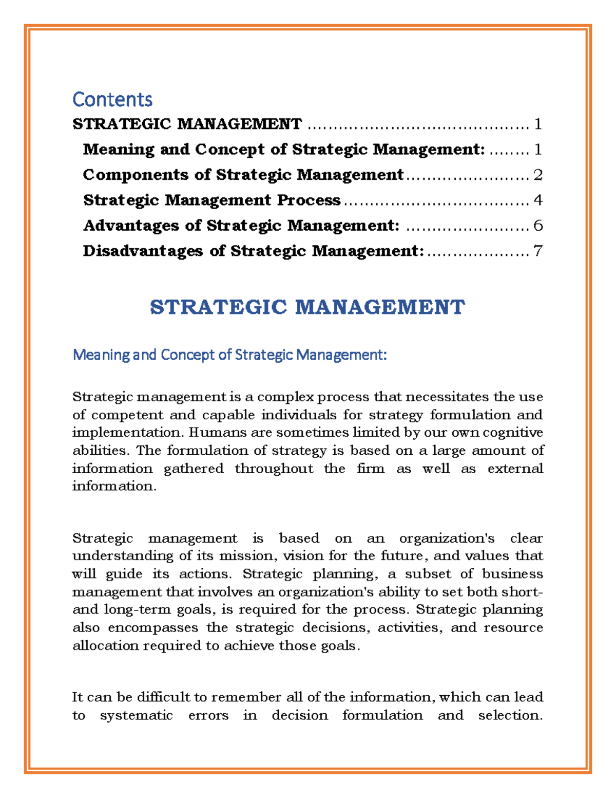 Strategic Management - Lecture Notes 2 - Contents STRATEGIC MANAGEMENT ...