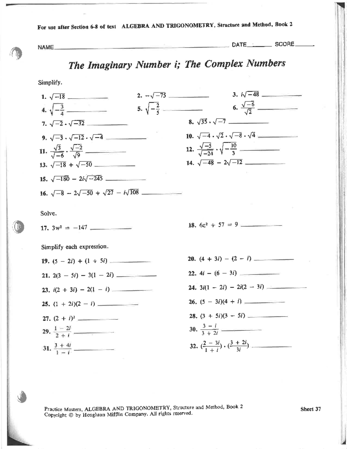 Algebra 2 Dividing Complex Numbers Worksheet Answers