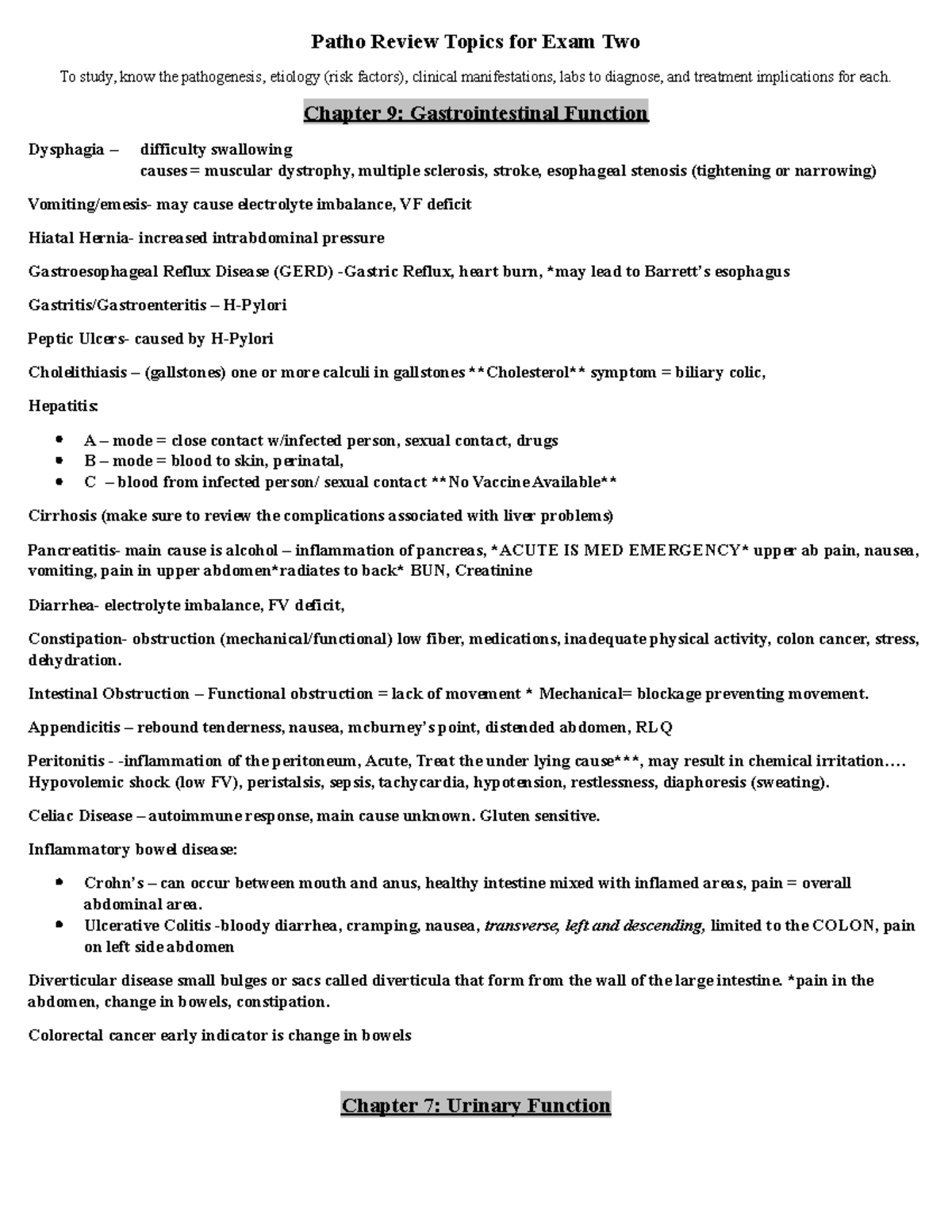 Focus Topics for Patho Review for Exam Two - Patho Review Topics for ...