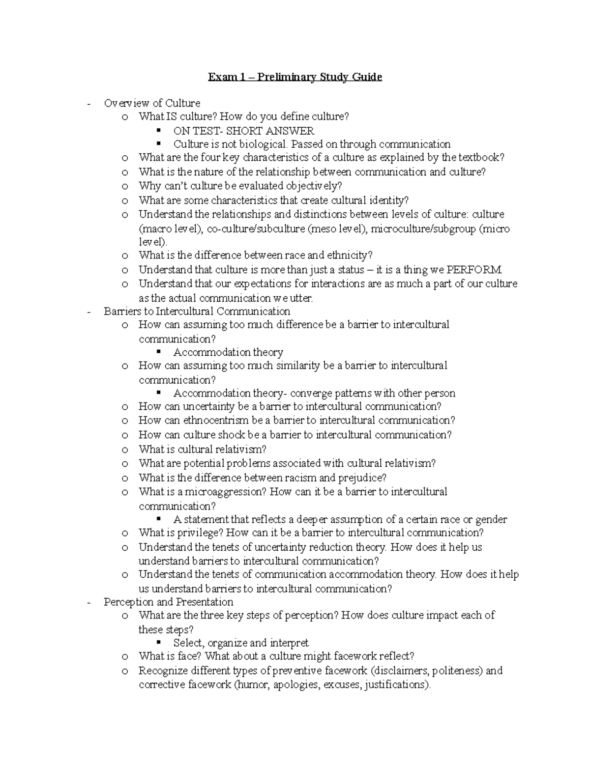 Intercultural study guide - Exam 1 – Preliminary Study Guide Overview ...