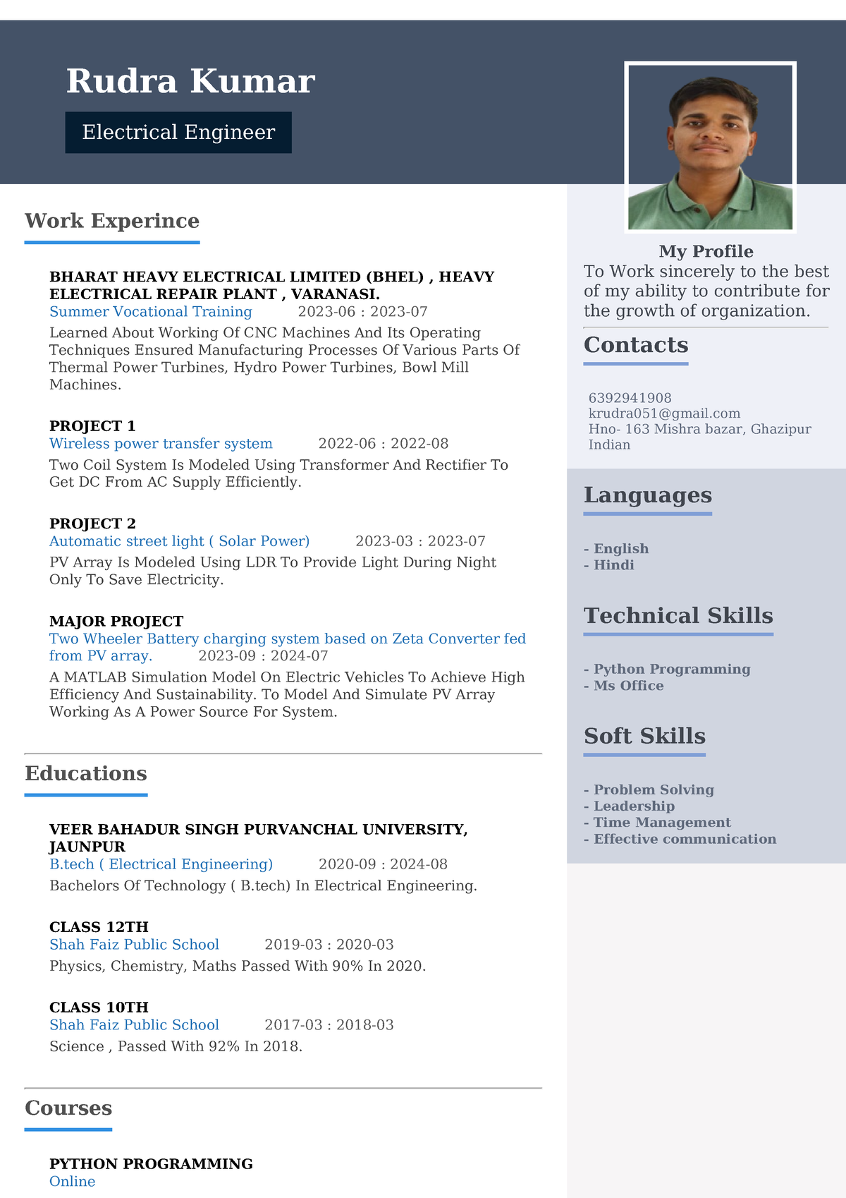 My Cv - Ttt - Electrical Engineer Work Experince BHARAT HEAVY ...