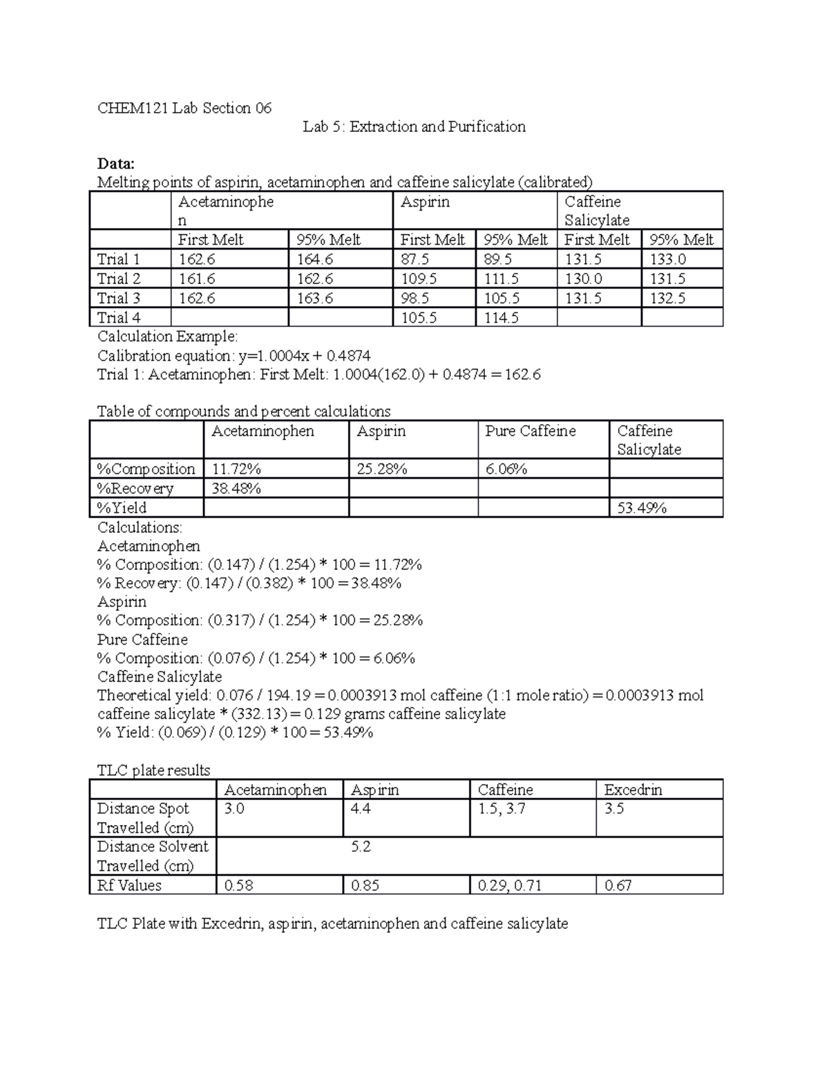 CHEM121 Lab Section 06 Lab 5: Extraction and Purification Data - Studocu