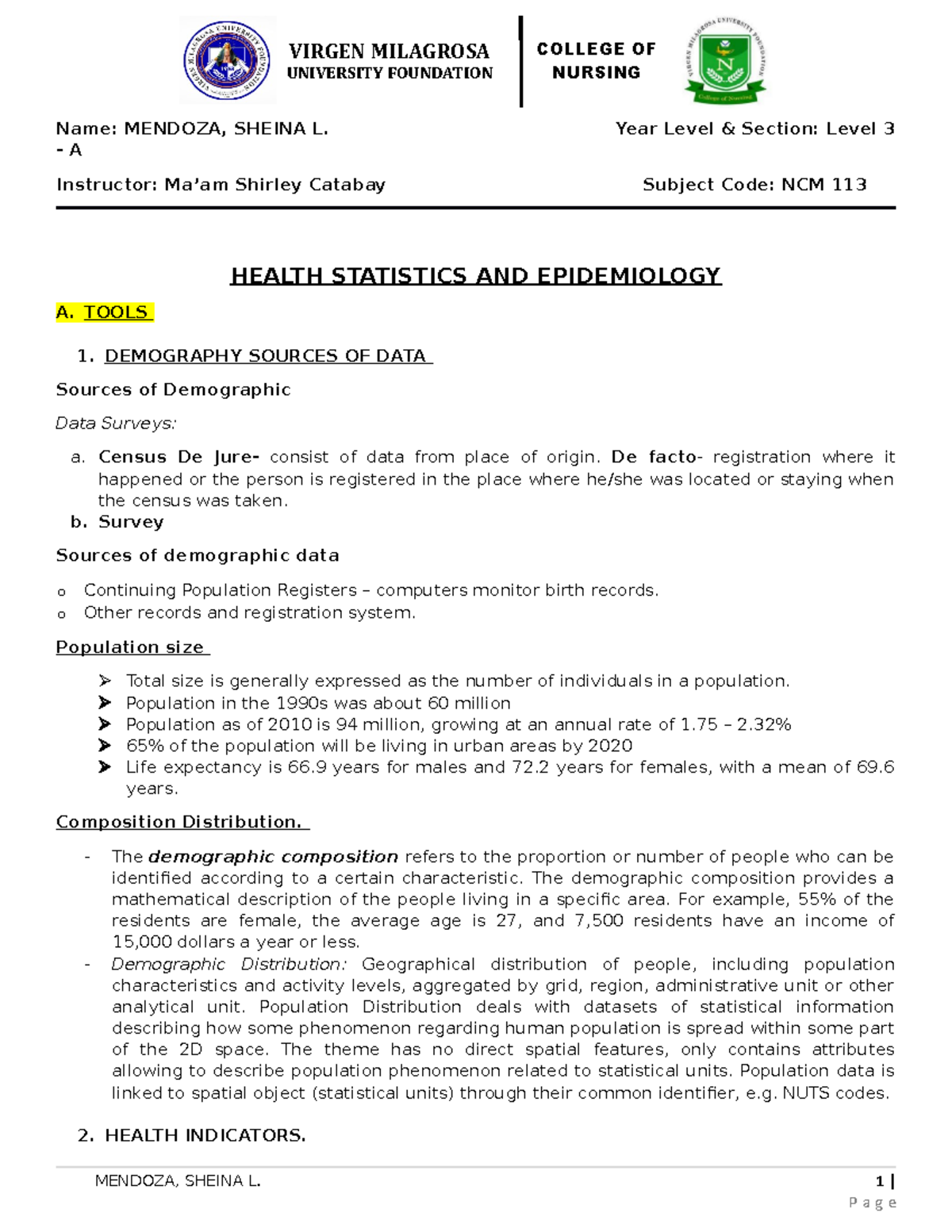 CHN Activity 1 Health Statistics AND Epidemiology VIRGEN MILAGROSA