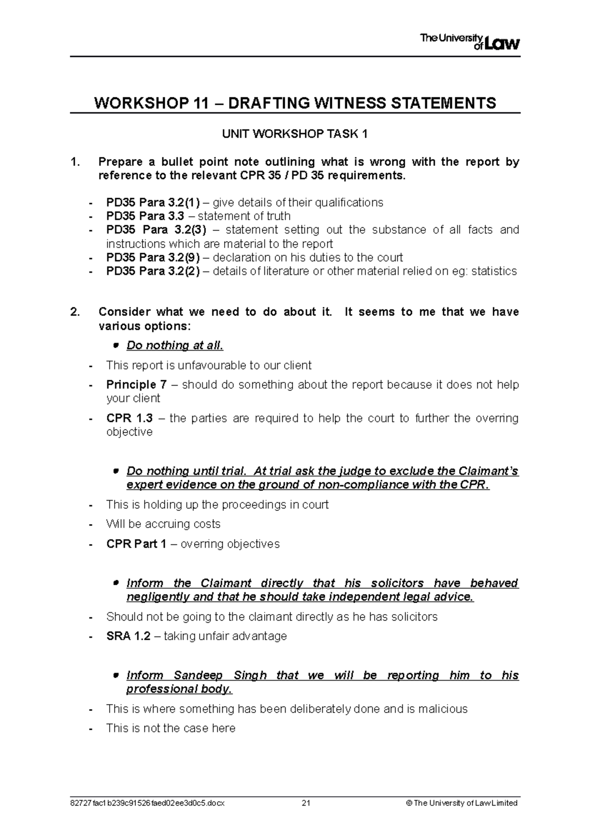 Workshop WORK - WORKSHOP 11 – DRAFTING WITNESS STATEMENTS UNIT WORKSHOP ...