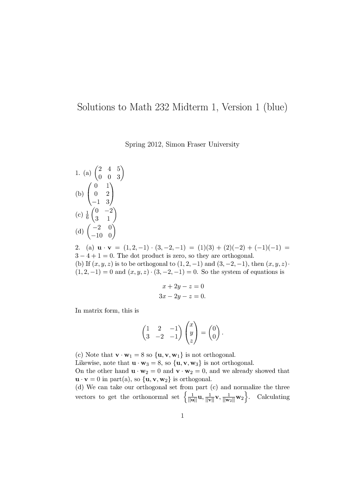 Exam February 1, 2012, Answers - Solutions To Math 232 Midterm 1 ...