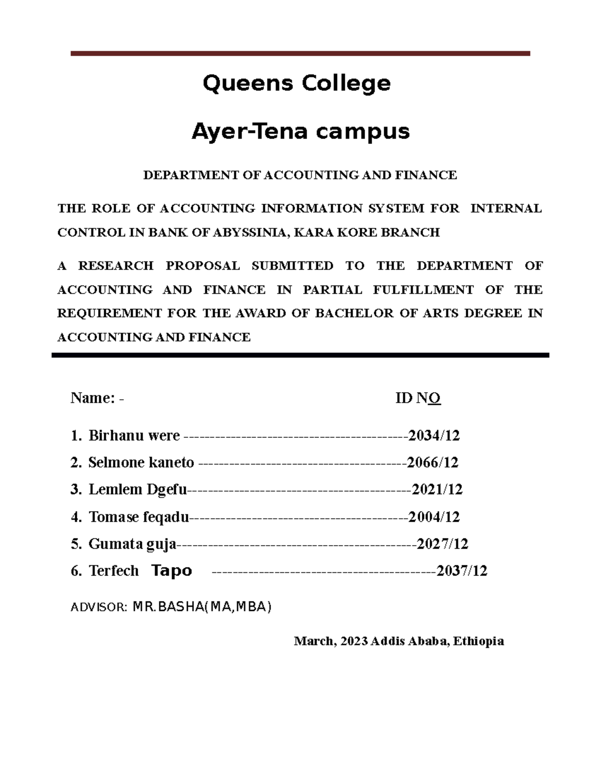 The role of accounting Fffffff Queens College AyerTena campus