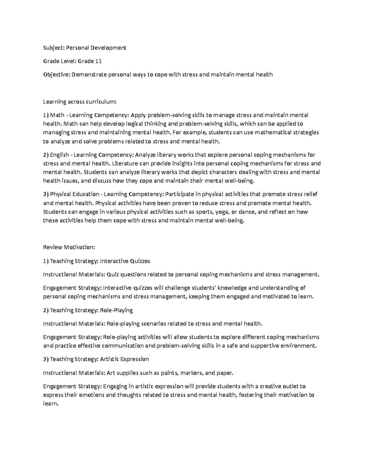Detailed lesson plan - it encsddbsd - Subject: Personal Development ...