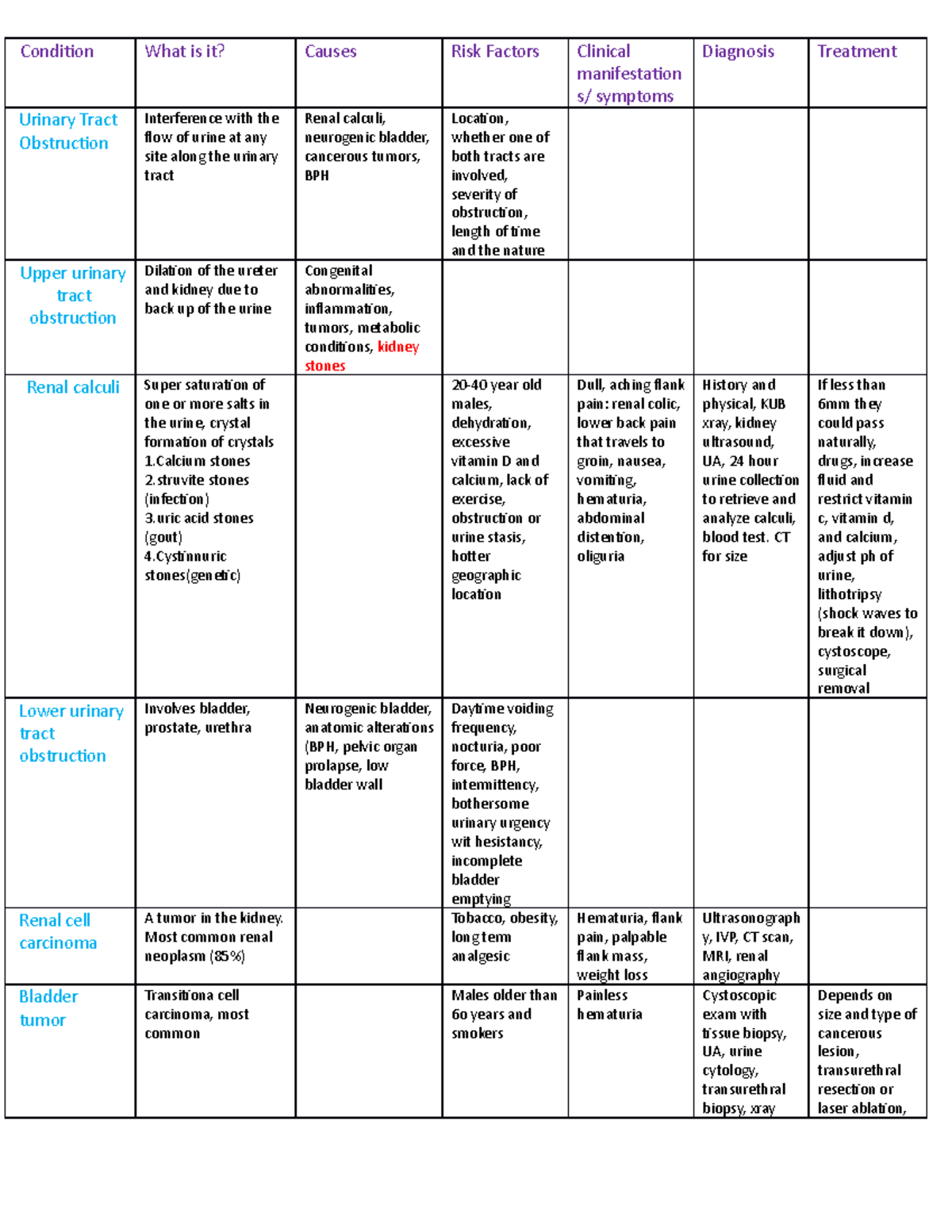 Renal System Chart - Patho - Condiion What is it? Causes Risk Factors ...