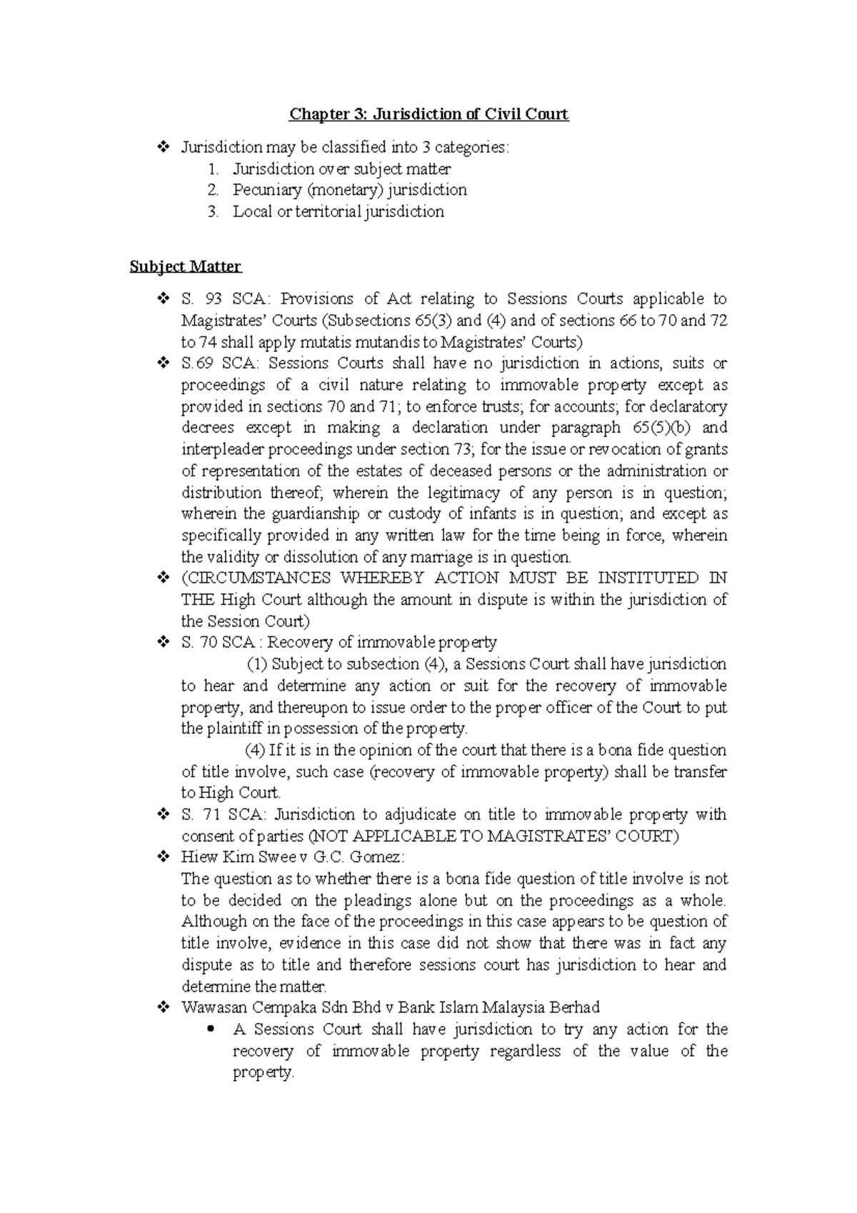 Chapter 3 notes - Chapter 3: Jurisdiction of Civil Court Jurisdiction ...