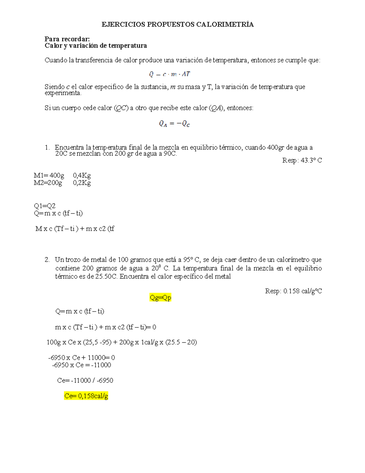 Ejercicios Propuestos Calorimetria - EJERCICIOS PROPUESTOS CALORIMETRÍA ...