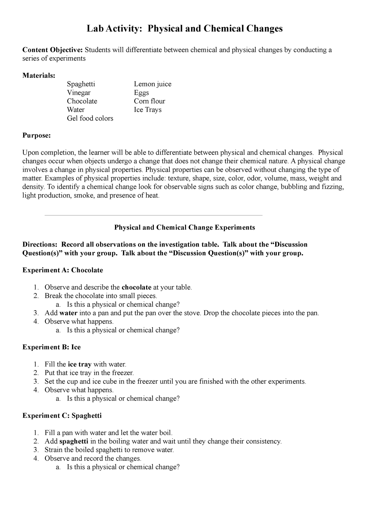 Lab Physical And Chemical Changes Lab Activity Physical And Chemical Changes Content 