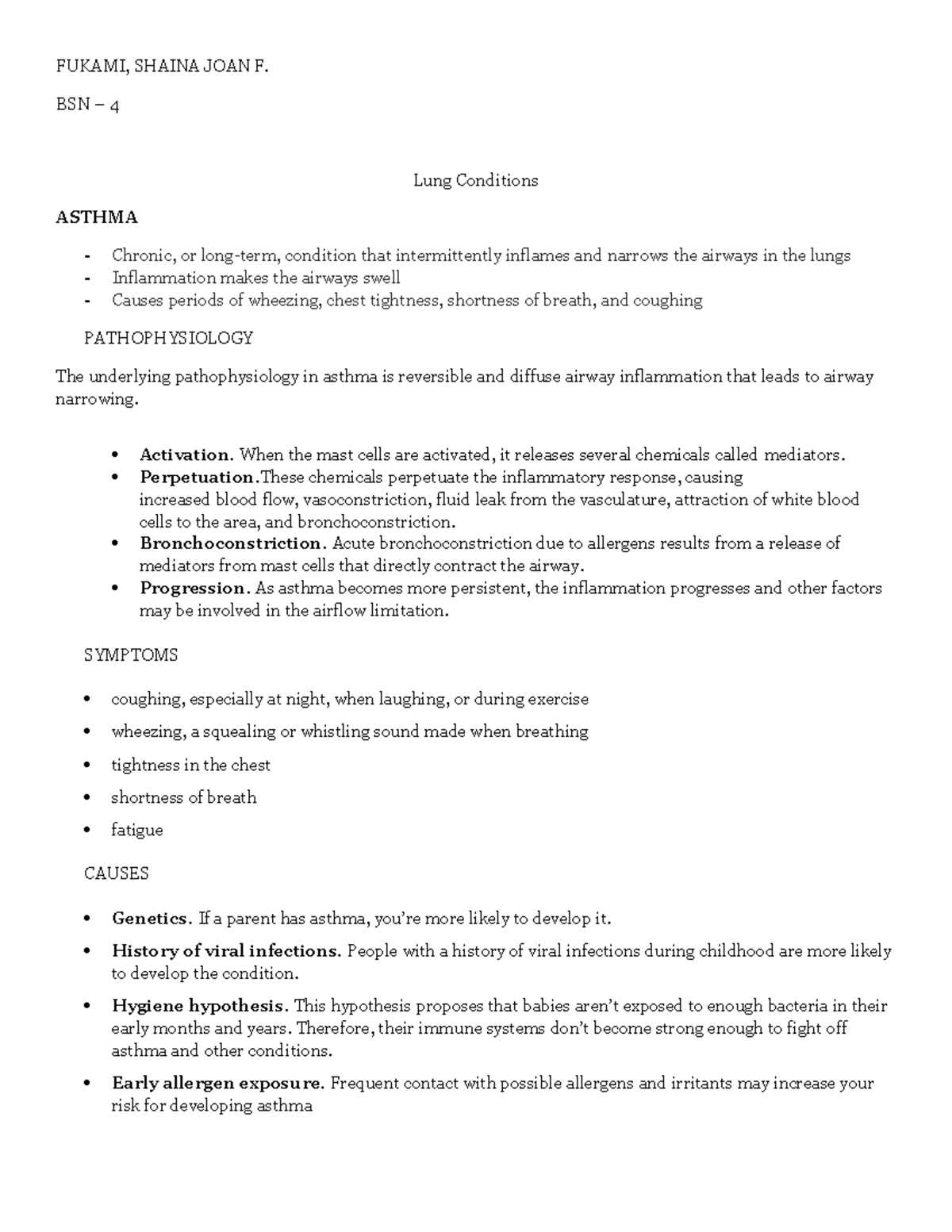 LUNG CONDITIONS - FUKAMI, SHAINA JOAN F. BSN – 4 Lung Conditions ASTHMA ...