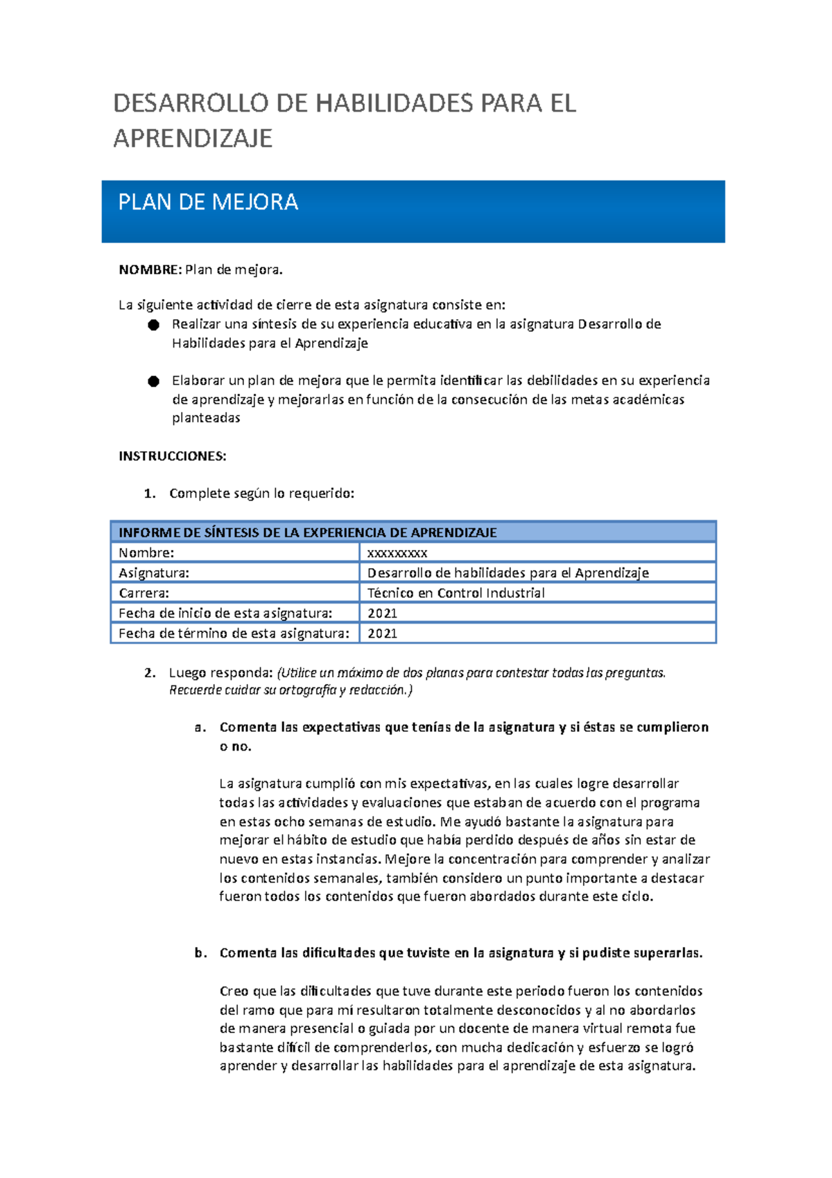 Plan De Mejora Evaluación Final Semana 9 Iacc - NOMBRE: Plan De Mejora ...