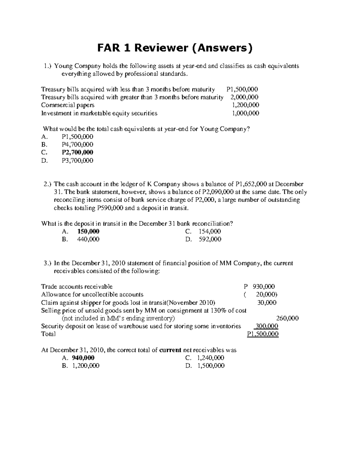 FAR 1 - Financial Accounting And Reporting - FAR 1 Reviewer (Answers) 1 ...