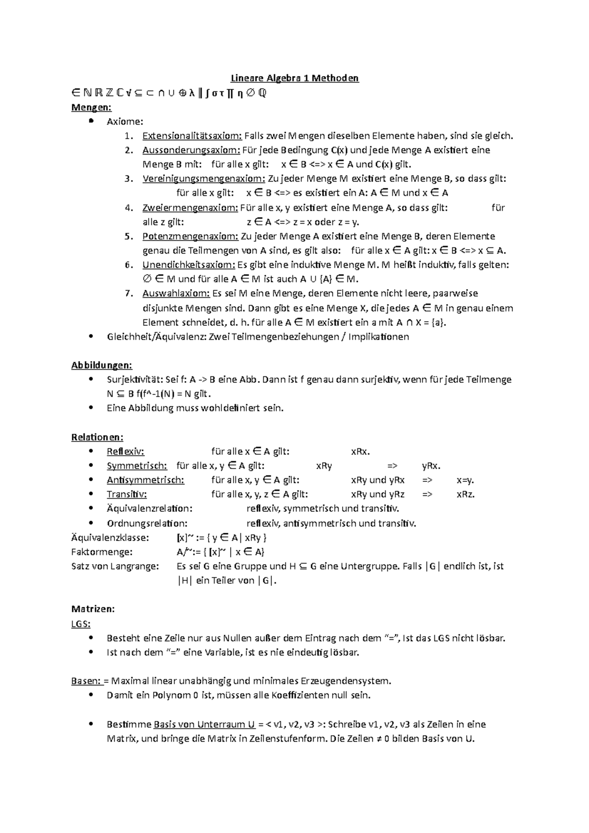 Lin Alg 1 Methoden - Lineare Algebra 1 Methoden ∈ ℕ ℝ ℤ ℂ √ ⊆ ⊂ ∩ ∪ ⊕ λ ...