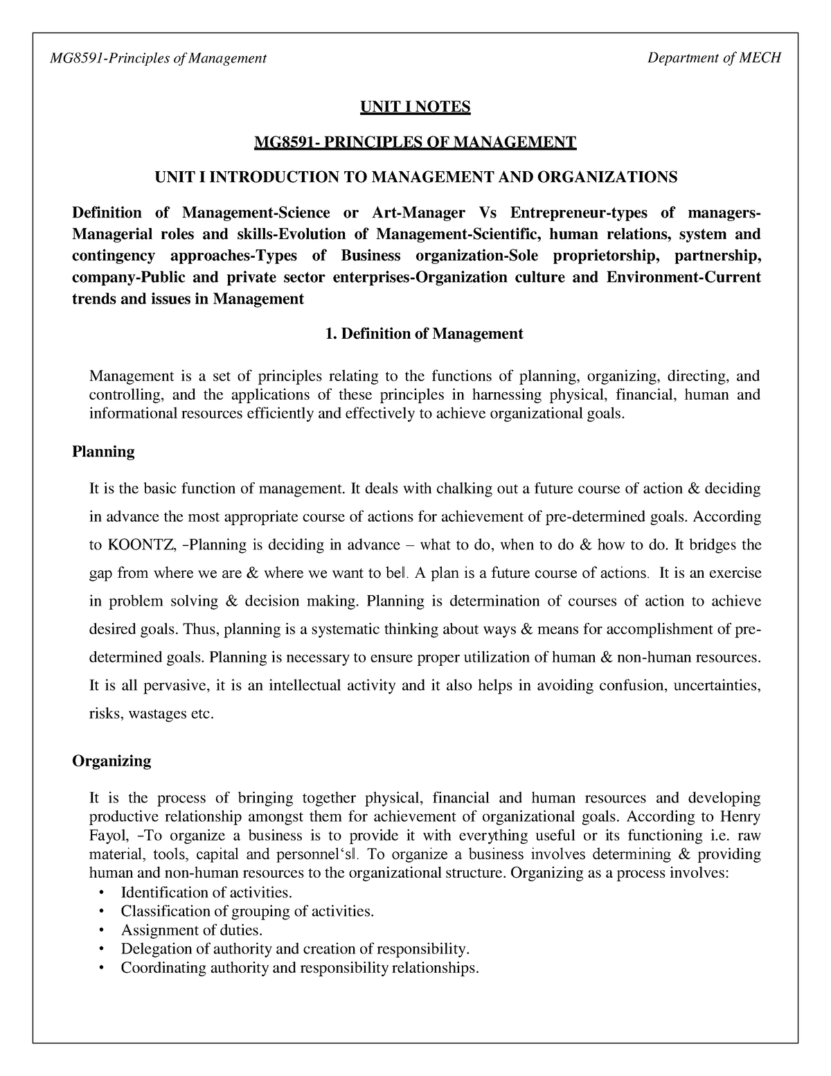 Principles Of Management - UNIT I NOTES MG8591- PRINCIPLES OF ...