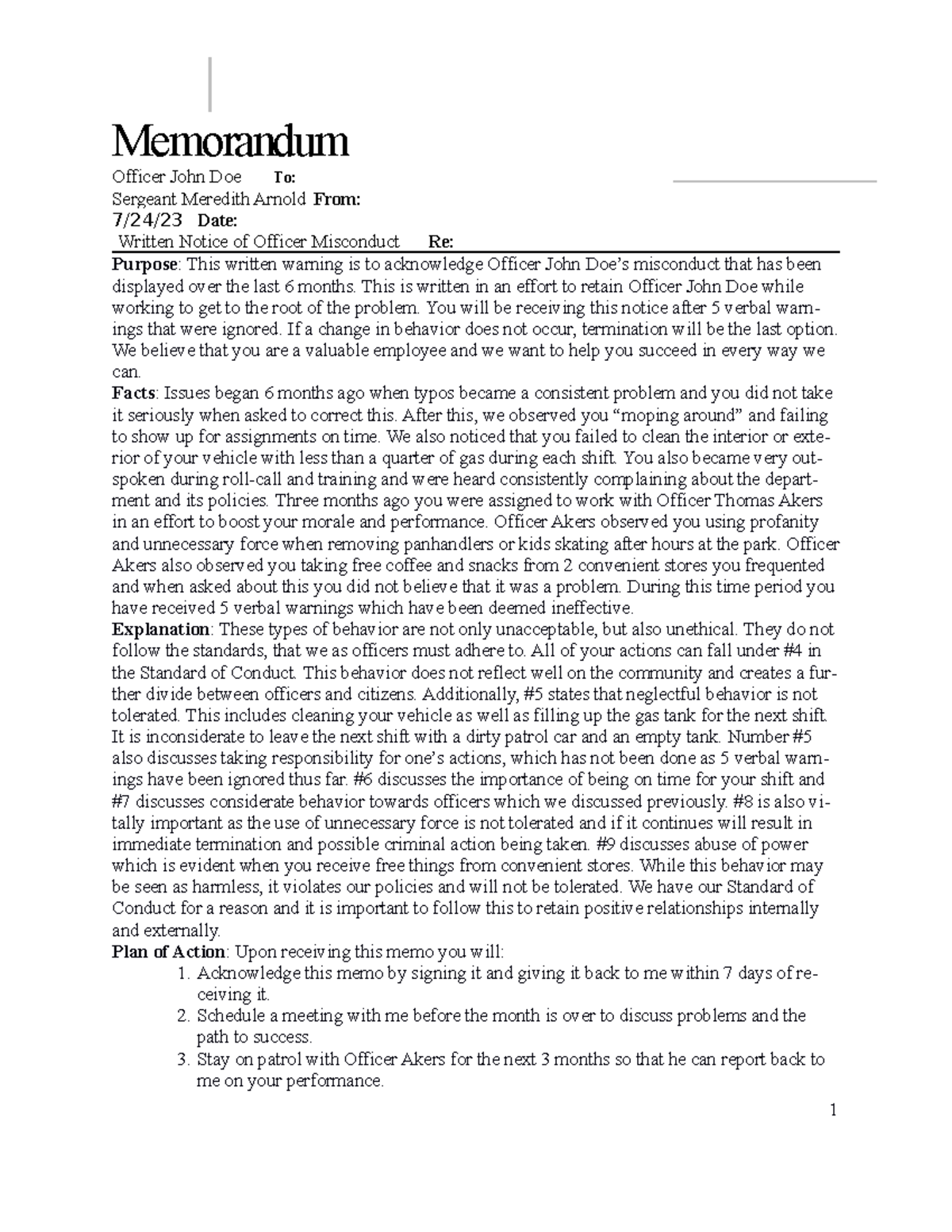 Personnel Action Memo Template - Memorandum Officer John Doe To ...