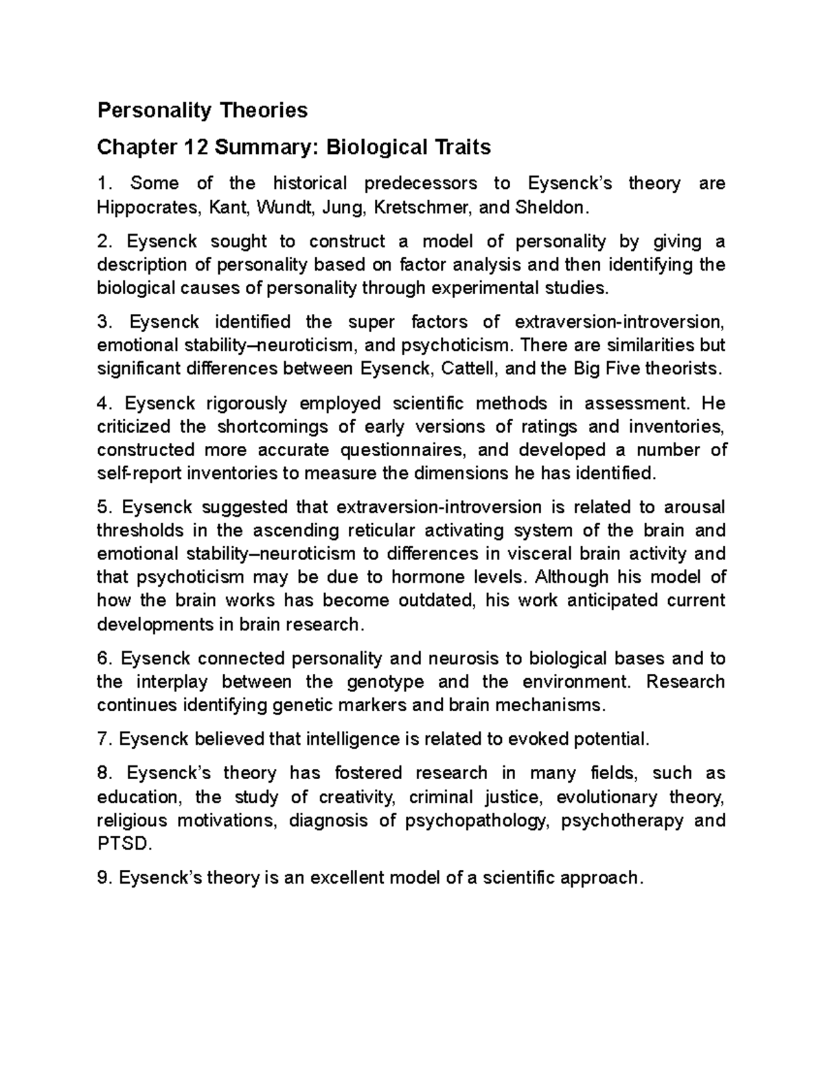 Biological Traits Summary Personality Theories Chapter 12 Summary
