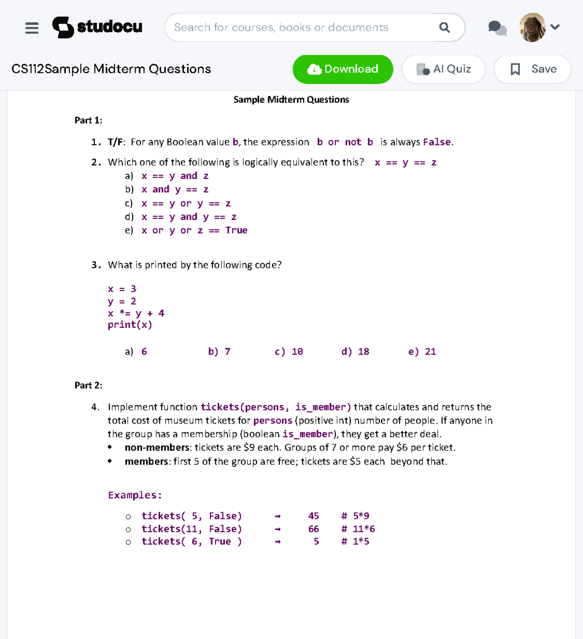 CS112Sample Midterm Questions - Sample Midterm Questions Part 1 1. TF ...