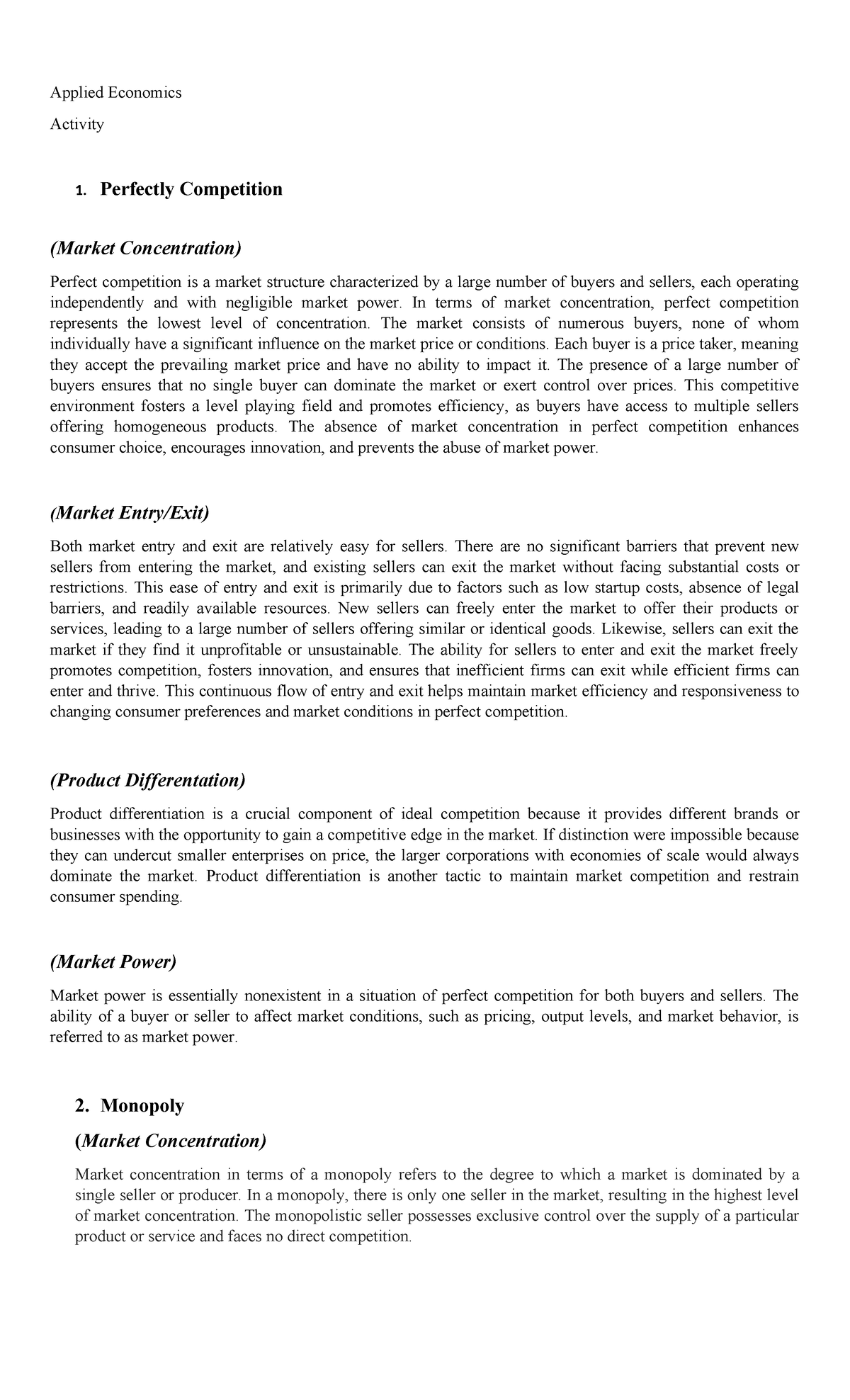 Eco - notes - Applied Economics Activity 1. Perfectly Competition ...