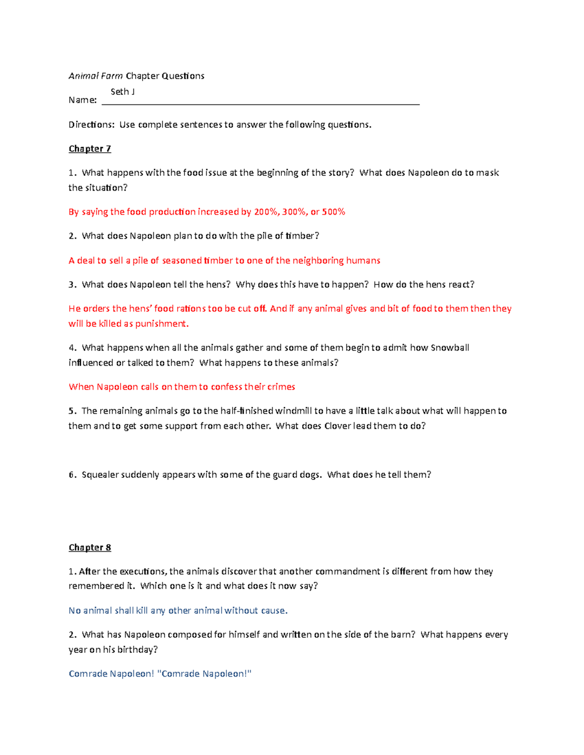 AF Chapters 110 Questions (2) Animal Farm Chapter Questions Name Studocu