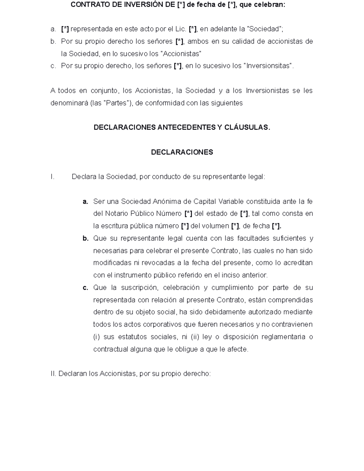 Machote Contrato DE Inversion - CONTRATO DE INVERSIÓN DE [] de fecha de ...
