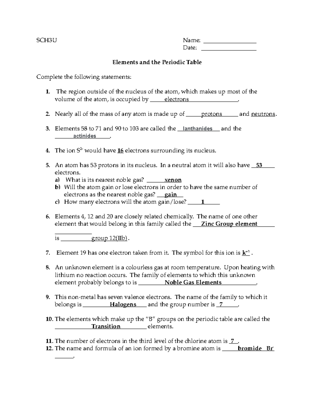 Unit 1 - Activity 6 - Elements and the Periodic Table Worksheet - SCH3U ...