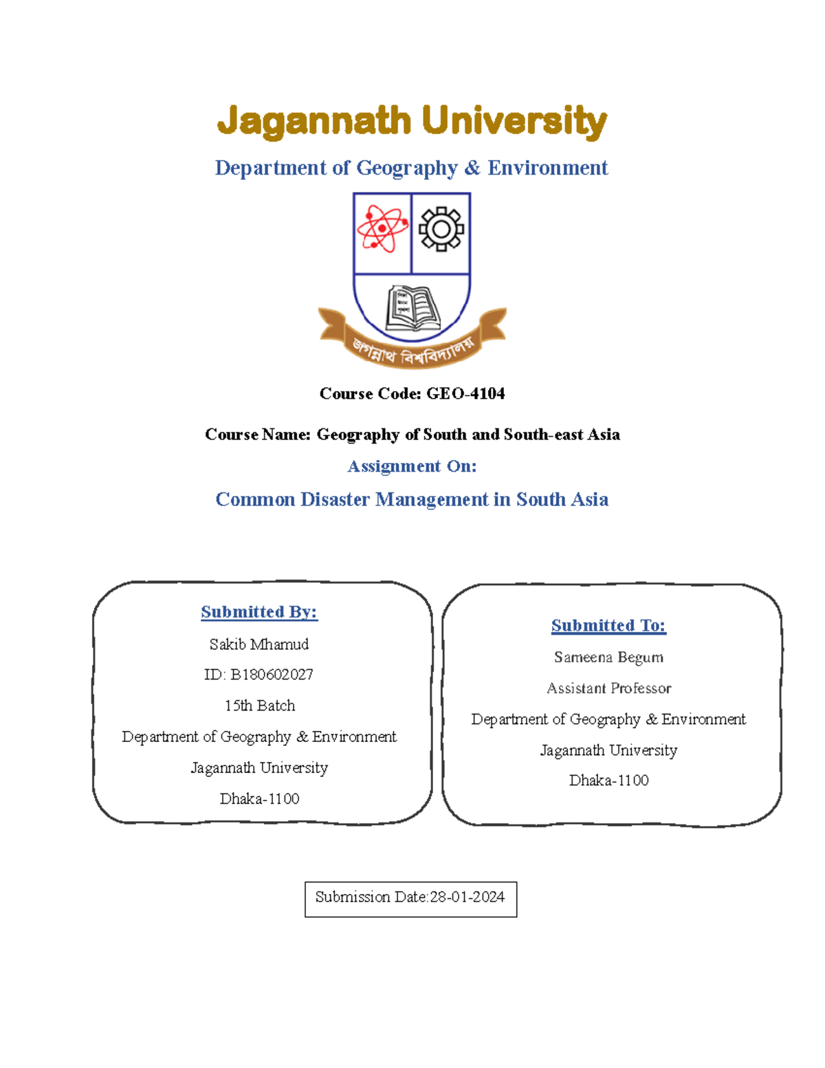 Disaster Management in South Asia Jagannath University Department of Geography & Environment