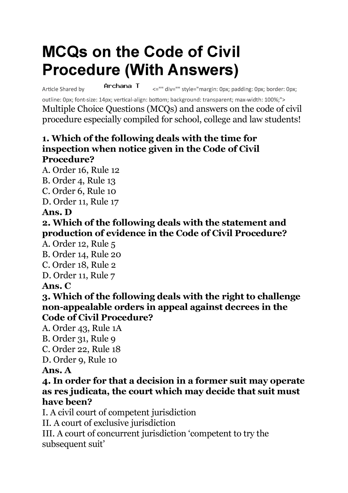 MCQs On The Code Of Civil Procedure - MCQs On The Code Of Civil ...