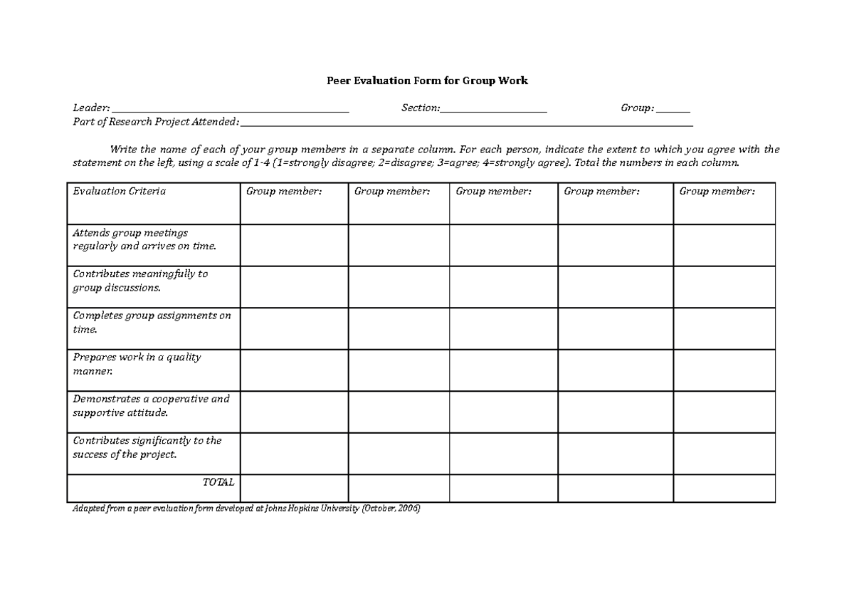 For Leaders Only Peer Eval Group Work Form - Peer Evaluation Form For 