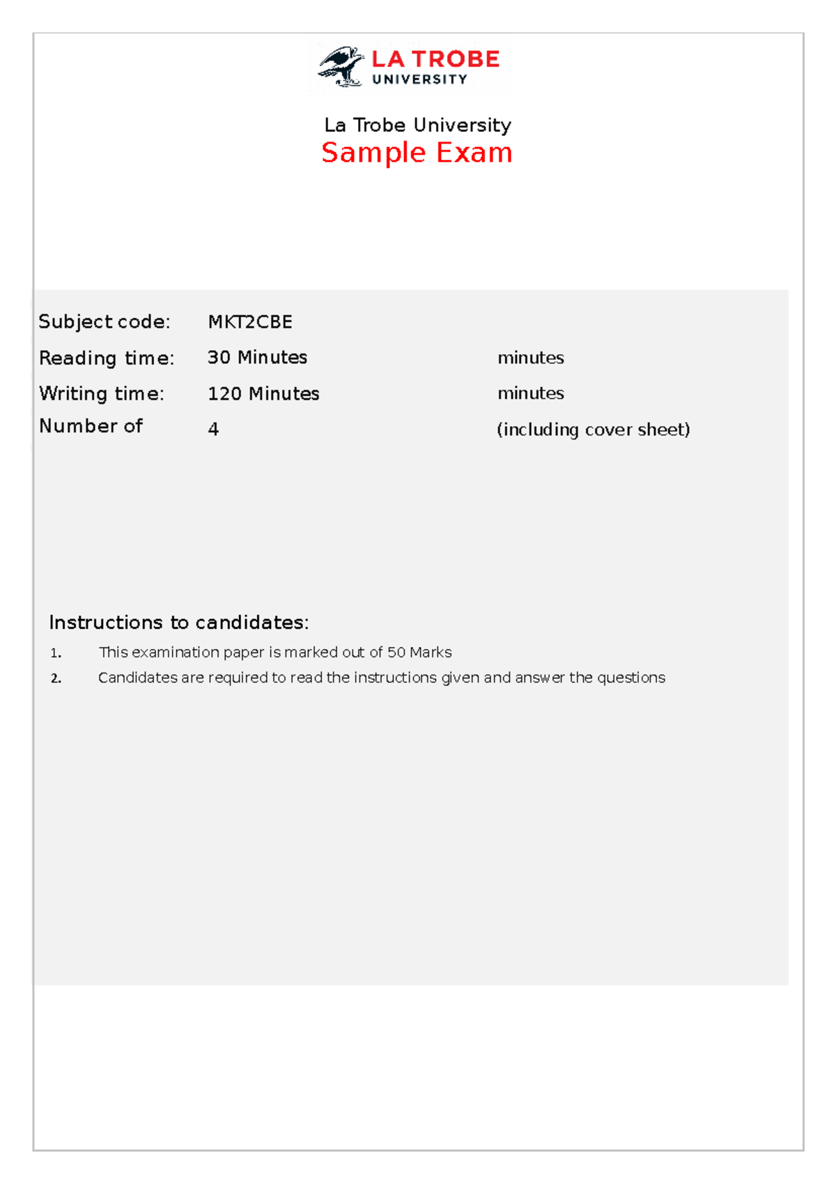 MKT2CBE Sample EXAM - MKT2CBE - LaTrobe - Studocu