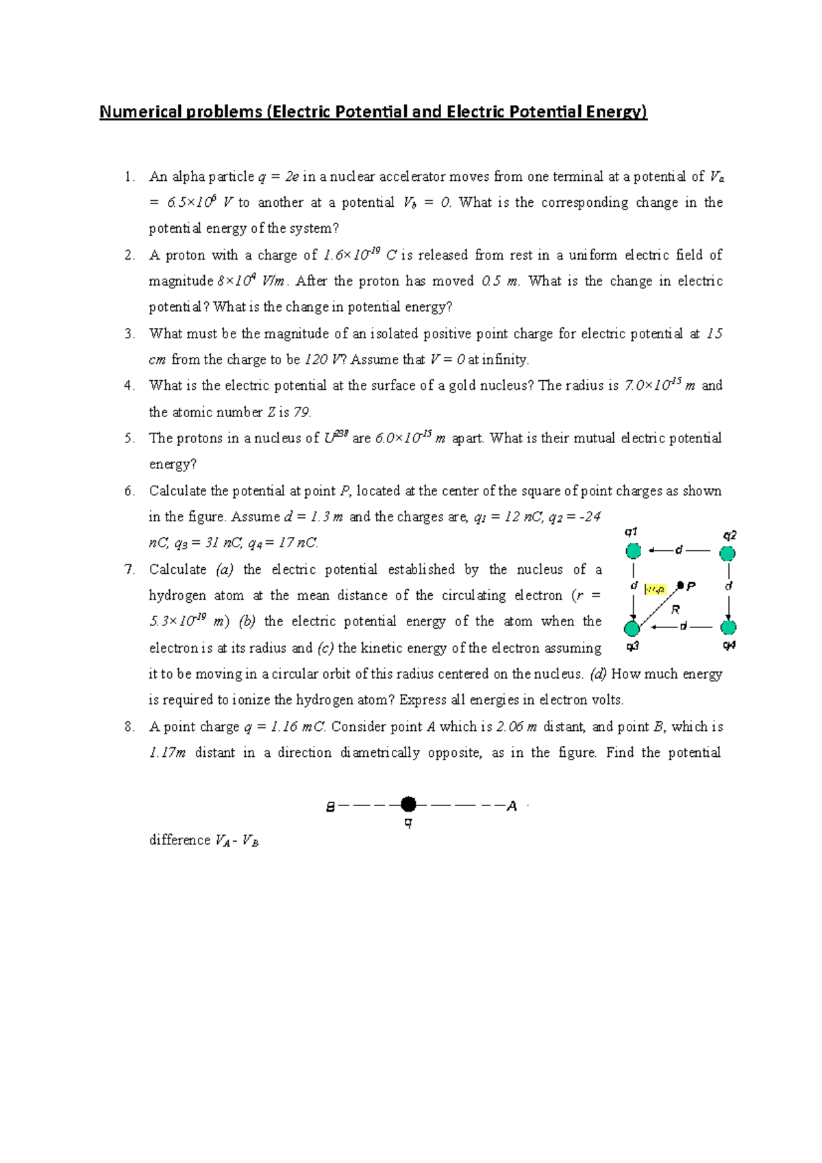 Problems related to Electric potential - Numerical problems (Electric ...