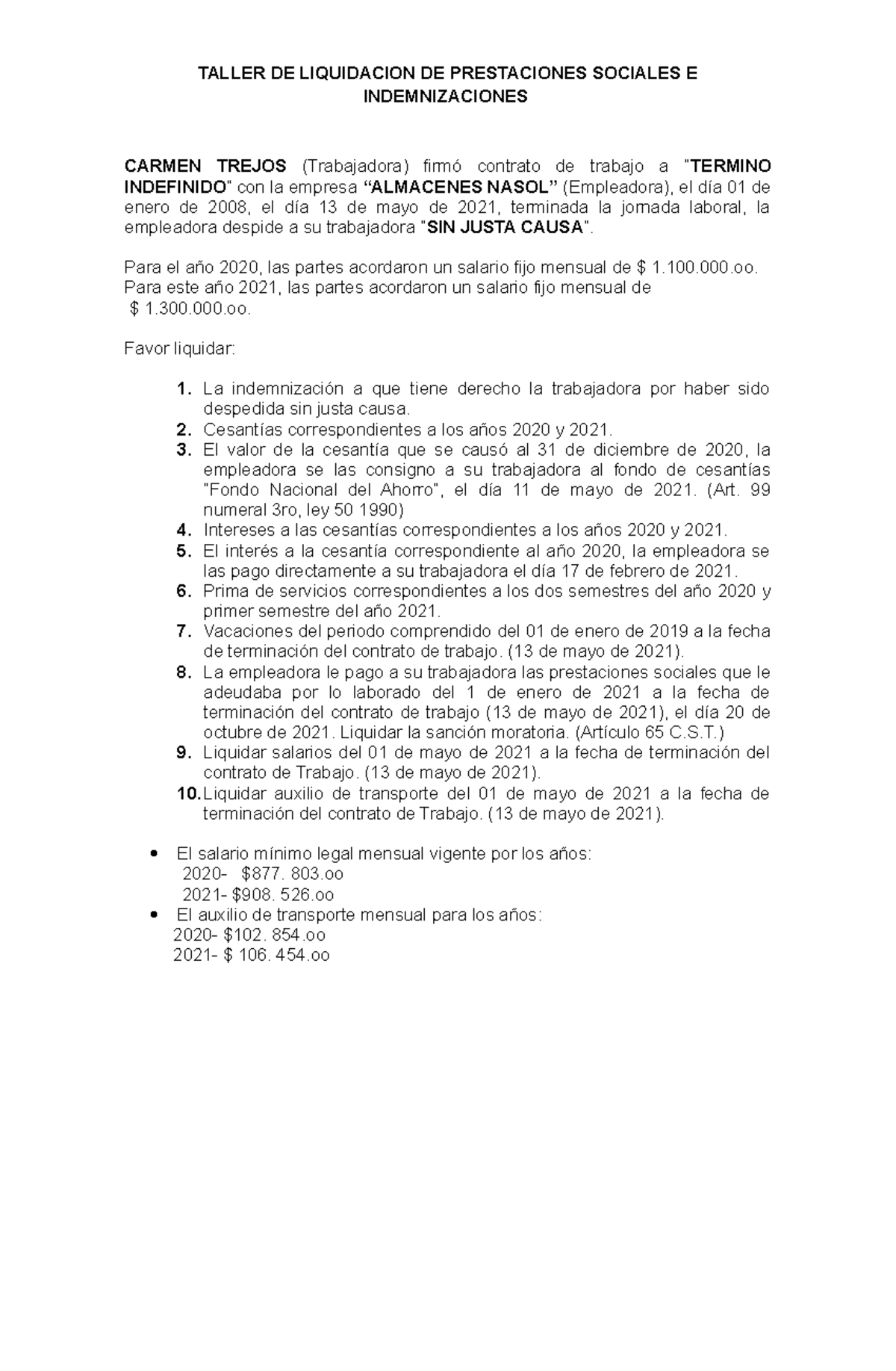 Taller De Liquidación Laboral Individual Diurno - TALLER DE LIQUIDACION ...