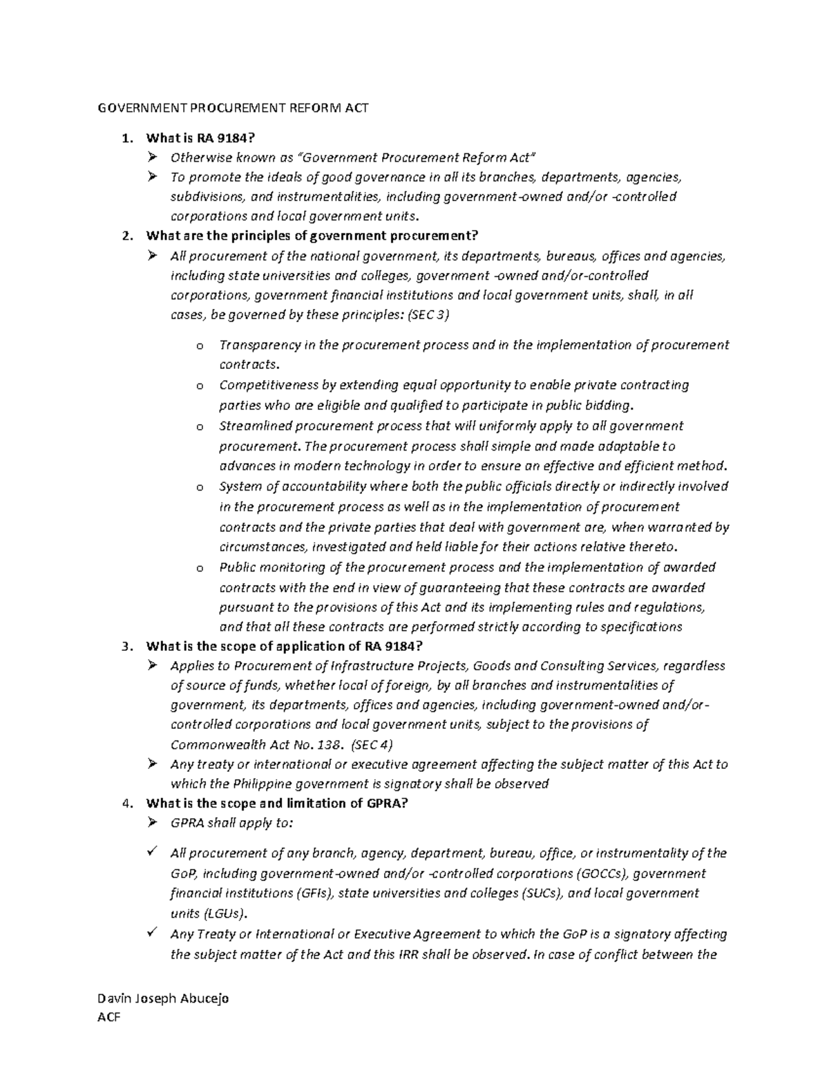 Government Procurement ACT - Davin Joseph Abucejo GOVERNMENT ...