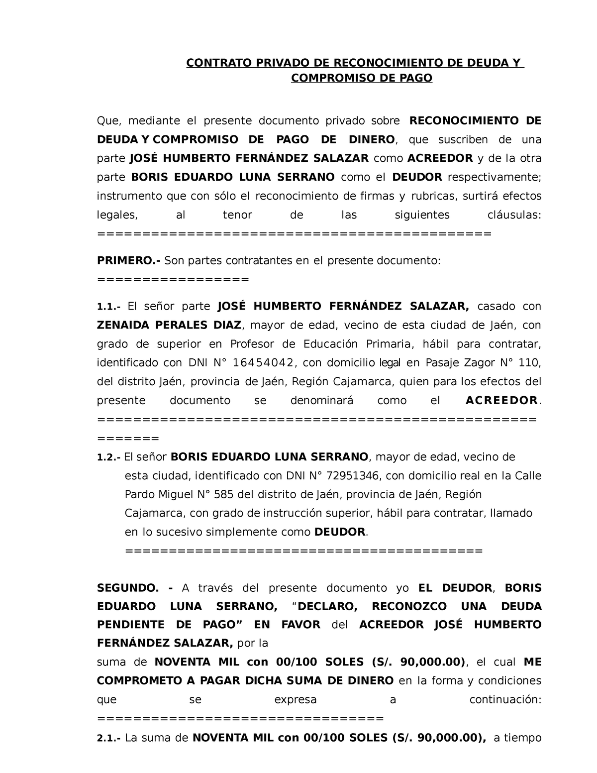 Contrato Privado De Reconocimiento De Deuda Y Compromiso De Pago Joshey Boris Derecho Procesal 6032