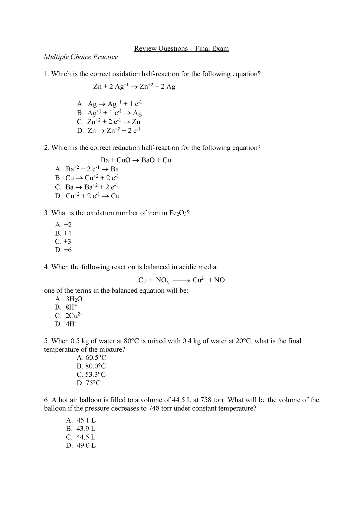 FInal Exam Review Questions Updated WITH Multiple Choice Aswell ...