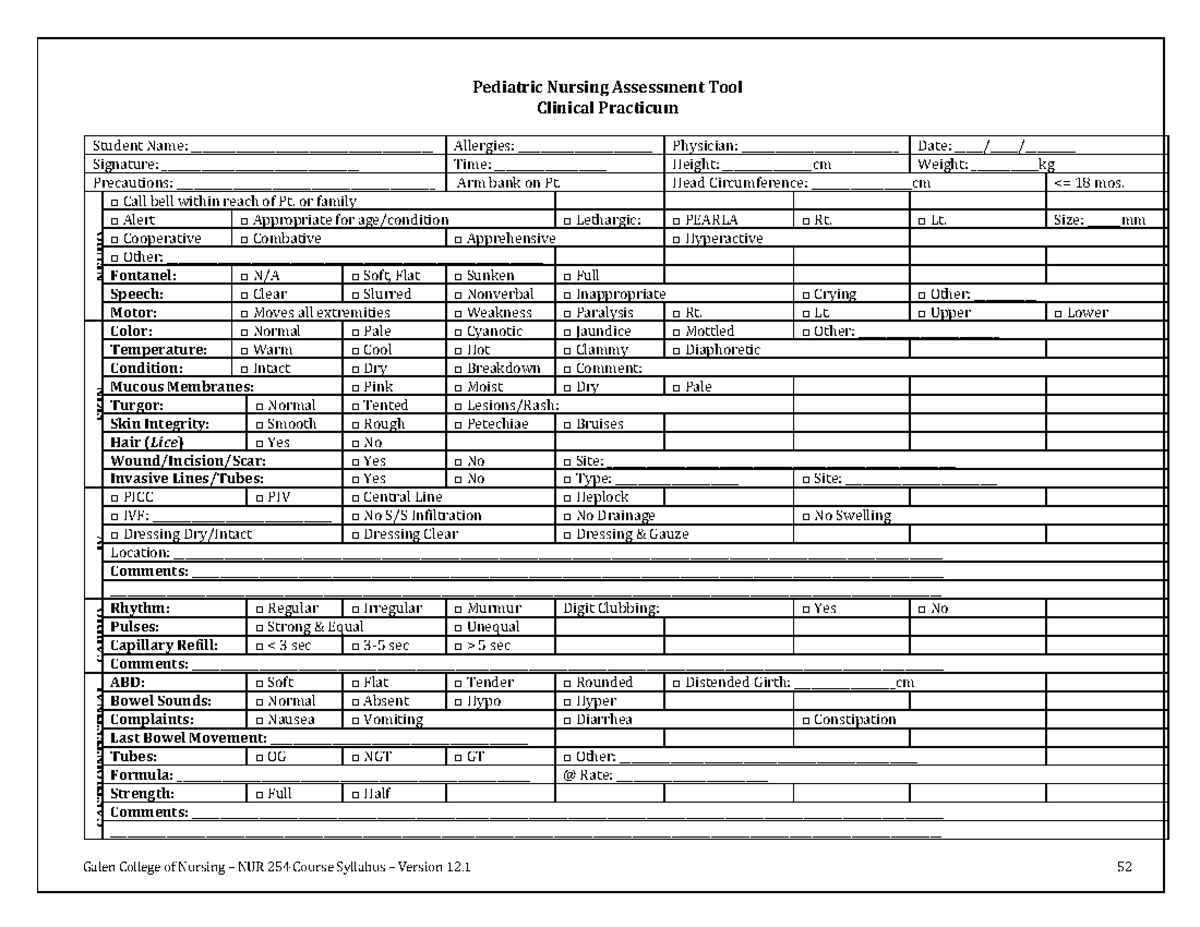 PEDS Assessment Tool - Galen College of Nursing – NUR 254 Course ...