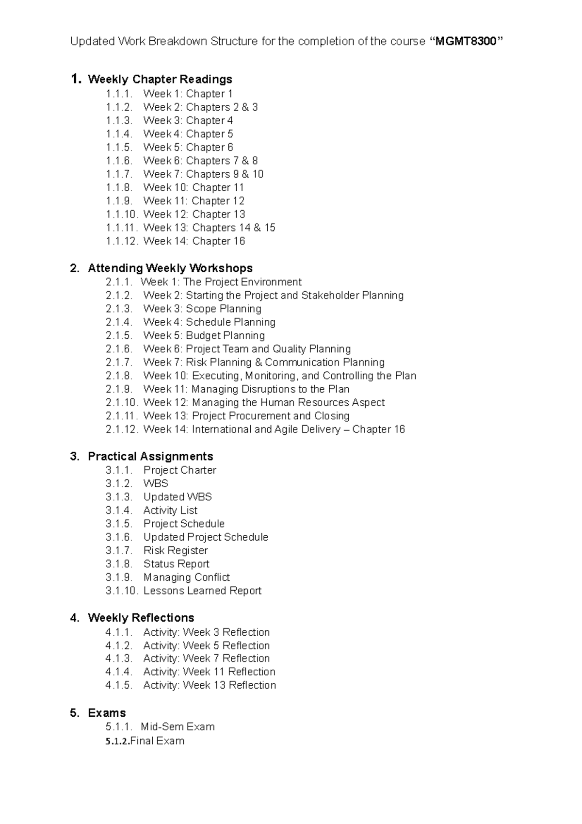 MGMT8300 - Introduction to Project Management Updated WBS Assignment ...