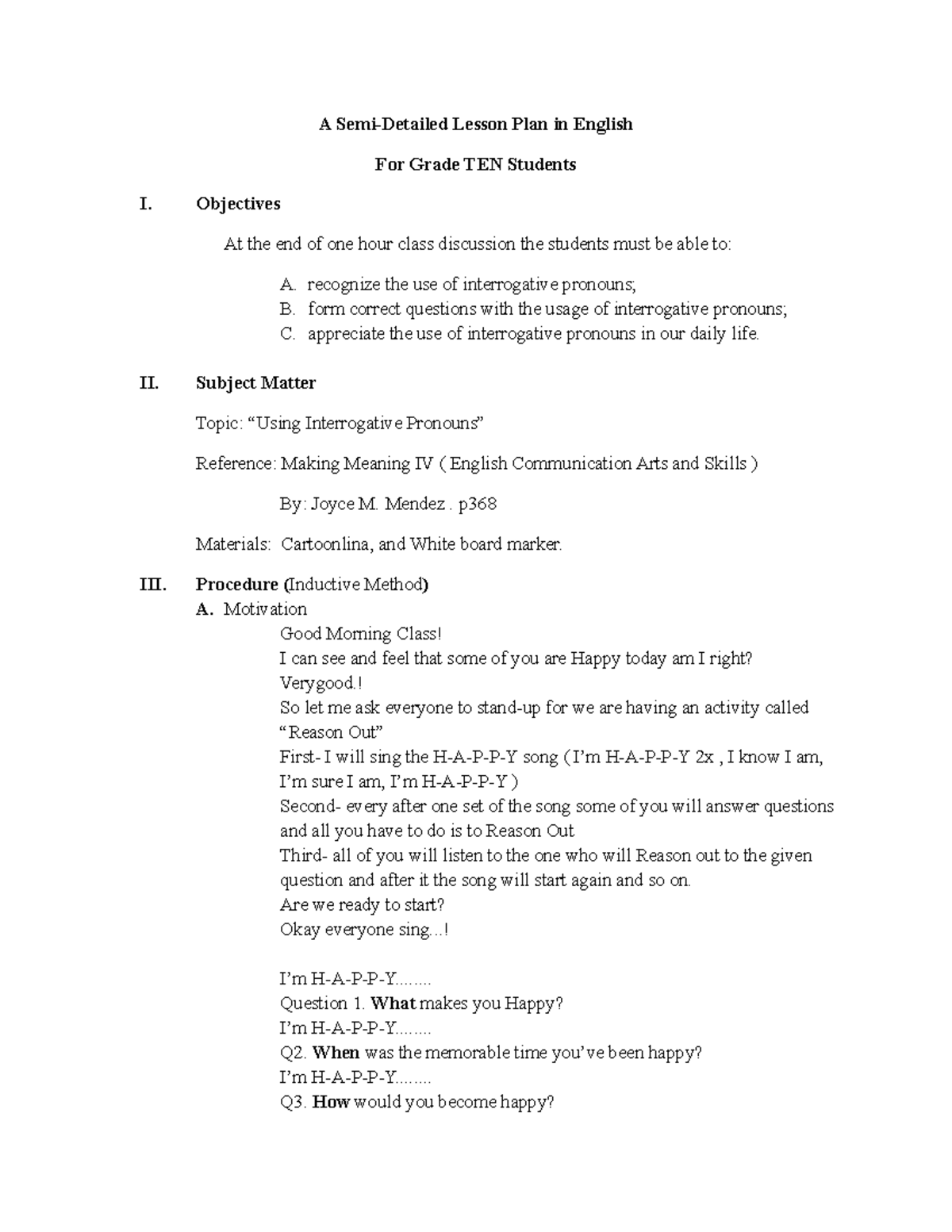 Lesson Plan Interrogative Pronouns - A Semi-Detailed Lesson Plan in ...